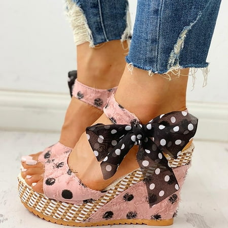 

uikmnh Women Shoes Women s Platform Wedges Heel Sandals Fashion Dot Lace-up Shoes Footwear Pink 6.5