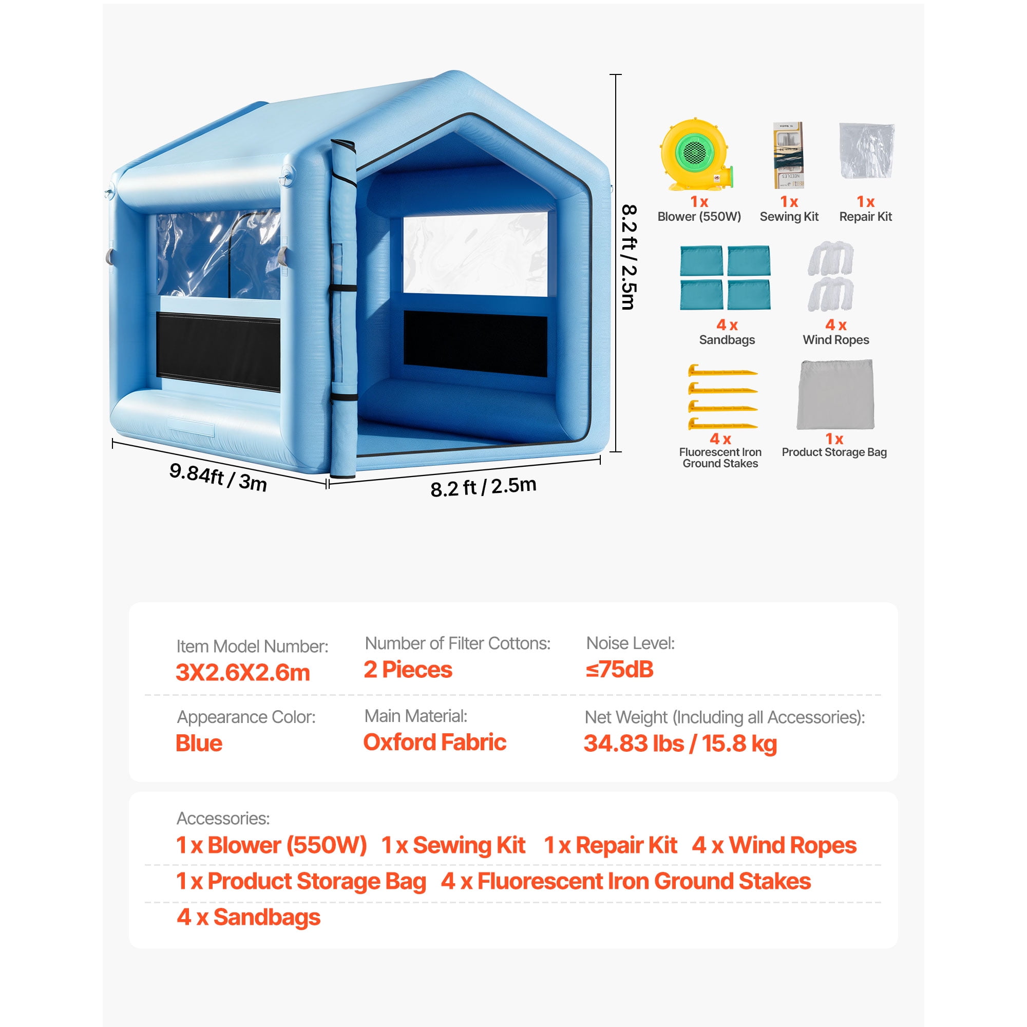 KFFKFF Inflatable Paint, Spray Booth with 550W Blower and Air Filtration System, Triangular Roof Design, 9.84 x 8.2 x 8.2 ft