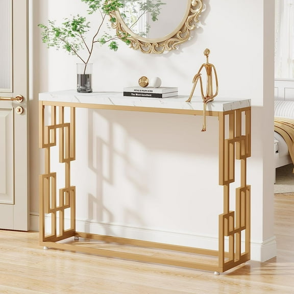 Modern Console Table for Entryway, 42.5-Inch Behind Sofa Table with Faux Marble Tabletop, Engineered Wood Entry Furniture for Hallway, Foyer, Living Room, Easy Assembly, White and Gold