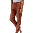 thumbnail image 2 of Sakmal Cotton Linen Women's Pants Cuffed Comfy Pleated Drawstring Solid Full Length Brown High Waisted Pants with Pockets, 2 of 6