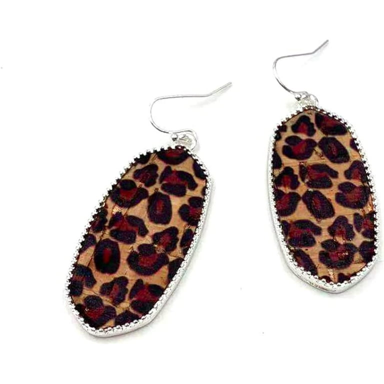 Oval Leopard Print Dangle Earrings Gold