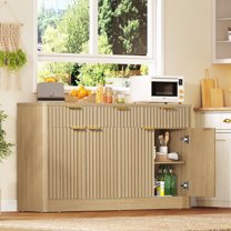 55” Fluted Buffet Cabinet with Storage and 2 Adjustable Shelves, Morden Buffet Sideboard, Coffee Bar Wine Bar with 3 Drawers & 4 Doors for Dining Room, Living Room, Kitchen, Natural