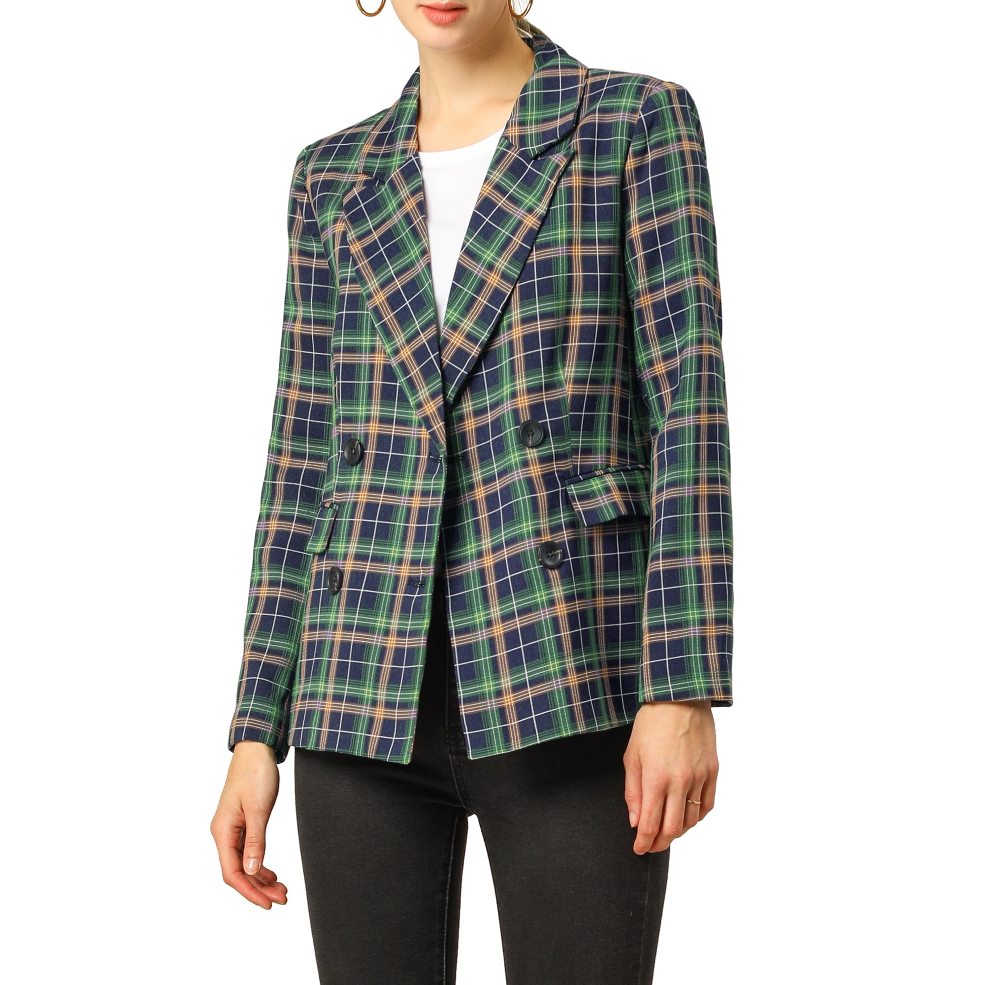 Unique Bargains Women s Notched Lapel Double Breasted Plaid Blazer Jacket Other