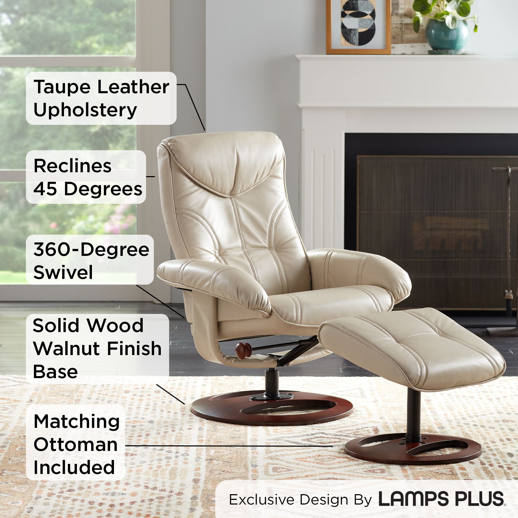 BenchMaster Newport Taupe Faux Leather Recliner Chair Modern Armchair Ottoman Footrest Ergonomic Manual Reclining Swivel for Bedroom Living Room Home