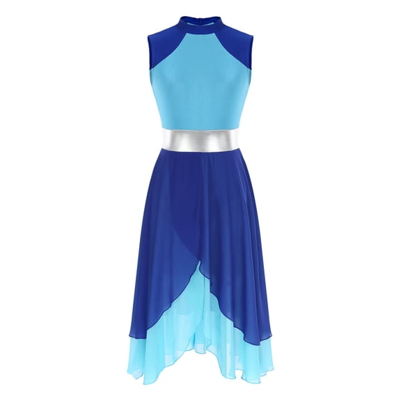 inhzoy Women's Lyrical Dance Dress Sleeveless Color Block Praise Worship Dance Tunic Overlays Blue XL
