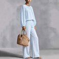 thumbnail image 5 of Mifsaly 2 Piece Linen Set for Women Crewneck Balloon Sleeve Tops and Lounge Trousers Trendy Going Out Travel Airport Vacation Matching Outfits, 5 of 7