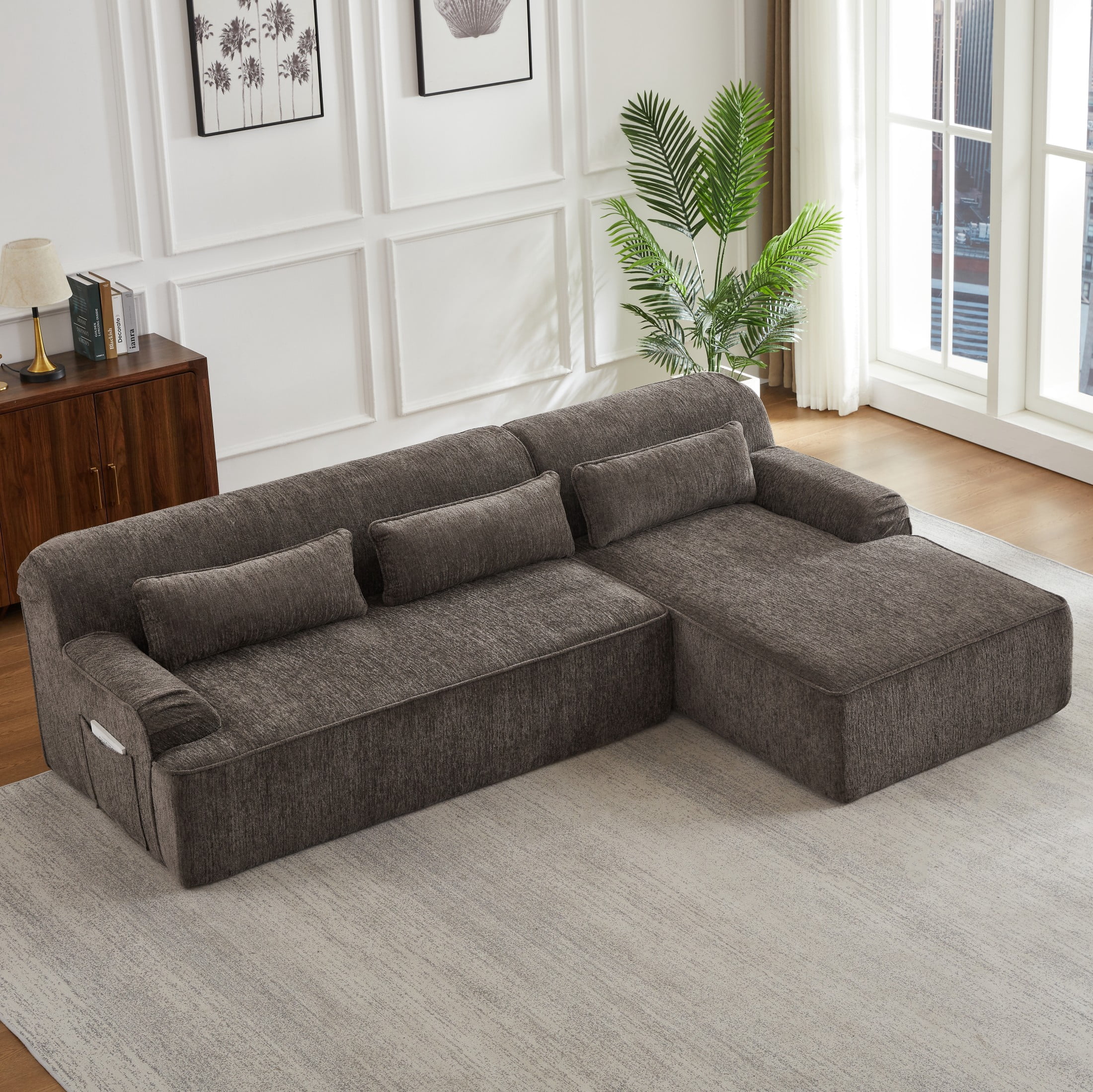 Aukfa 102.4" Modular Sectional Sofa with Right Facing L-Shape Chaise, Deep Seat Chenille Upholstered Couch with Lumbar Pillow, No Assembly Required, Brown