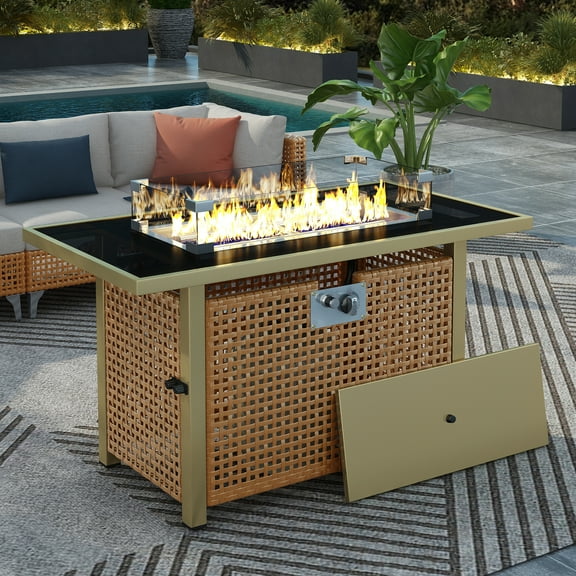 CoSoTower 43" Propane Gas Fire Pit Table, 60000 BTU Rectangular Open Weave Wicker Fire Pit with Glass Wind Guard for Outside Patio Deck Garden Backyard - Orange & Mustard Yellow