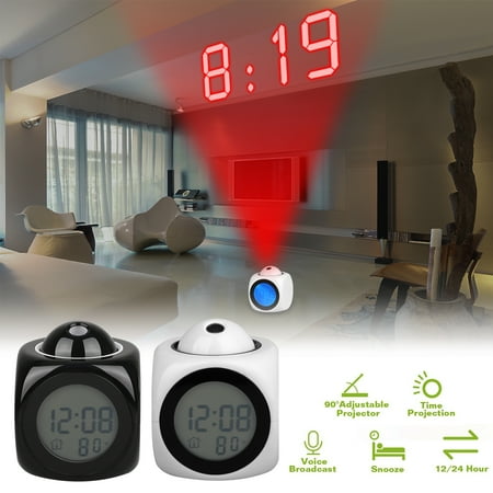 Clock Ceiling Projection Alarm Clock, Digital LCD Voice Talking Function, Alarm/Snooze/Temperature Display, LED Wall/Ceiling Projection with Different Time Modes 12hr/24hr ()