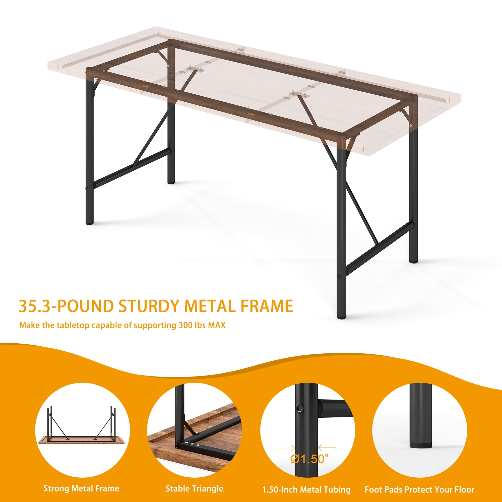 Manora 70.8 Inch Industrial Rectangular Dining Table for 6-8 People, Heavy Duty Wooden Kitchen Table with Black Metal Frame for Dining Room Kitchen