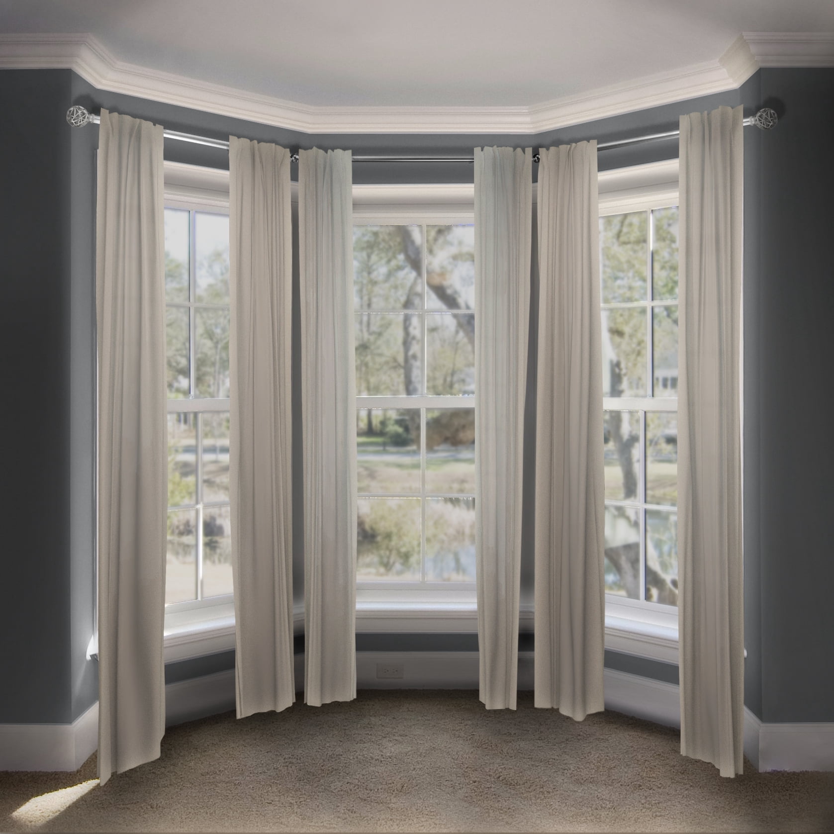 Central Design ABay-88-5 0.8125 in. Arabella Bay Window Curtain Rod with Side Rod Extends Upto 20 to 36 in. & Center Rod Extends Upto 38 to 72 in., Satin Nickel