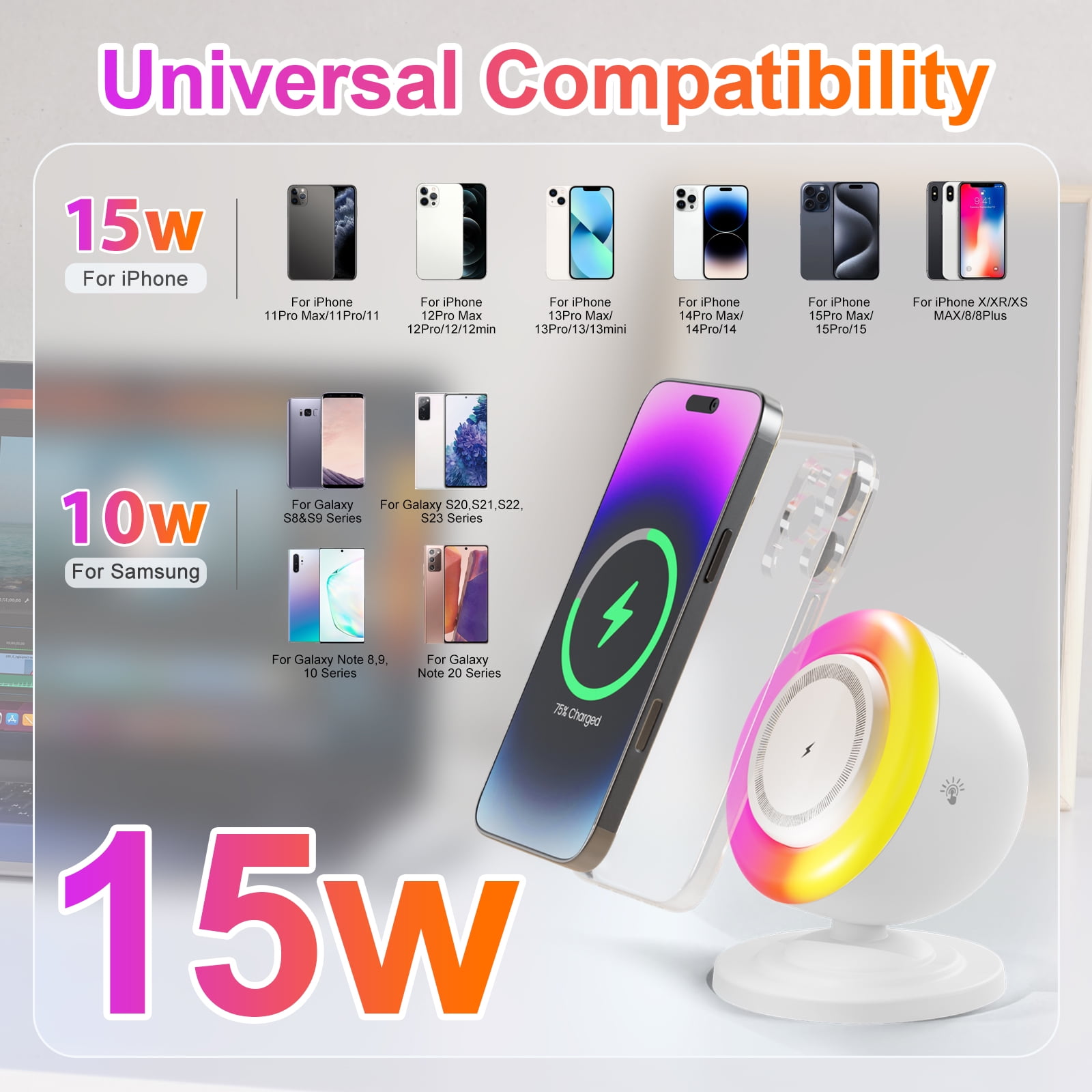 Wireless Charger, Bluetooth Speaker, 3 in 1 Wireless Charging Station for iPhone 17e 17 16 15 14 13 12 Series, Phone Stand for Samsung Series. with RGB light, A Ideal gift, White
