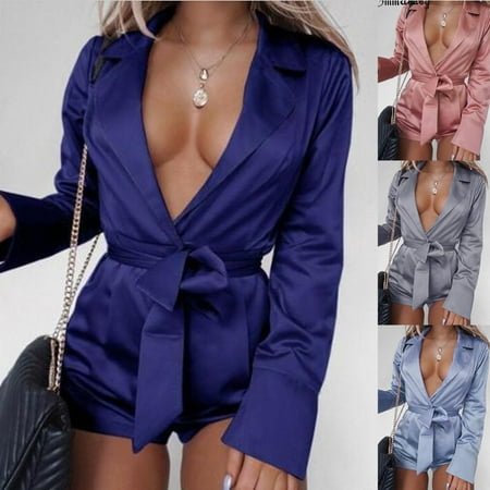 Nylon Satin Shorts - Womens Satin V Neck Kimono Playsuit Tunic Jumpsuit Shorts Sleepwear Pajamas
