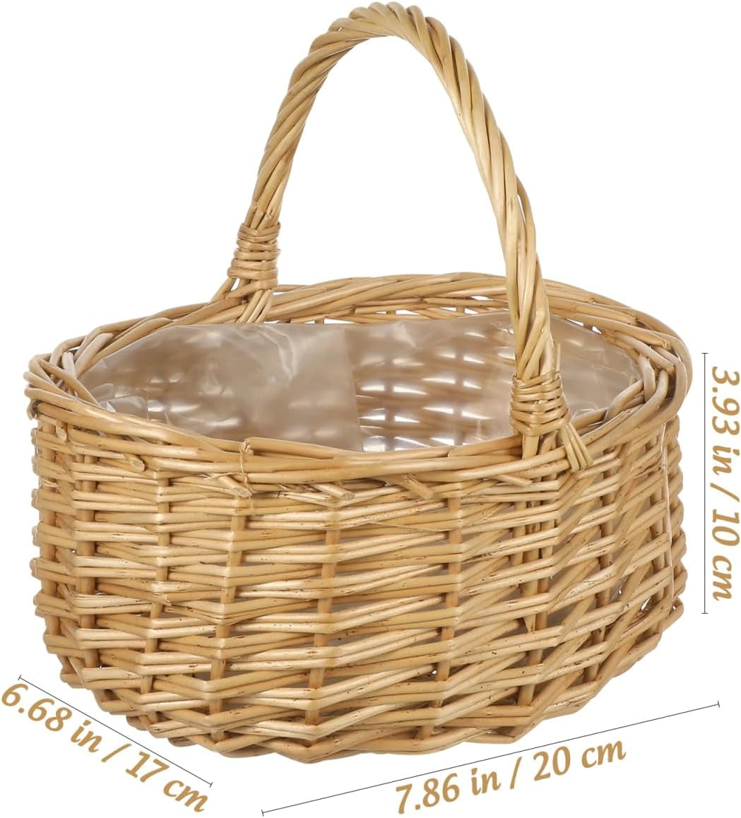 Woven Flower Girl Basket with Handle, Oval Willow Easter Egg Storage Baskets, Small Rattan Serving Candy Organizer for Wedding Party, Country Picnic & Home Decor, 7.86 x 6.68 x 3.94 Inch