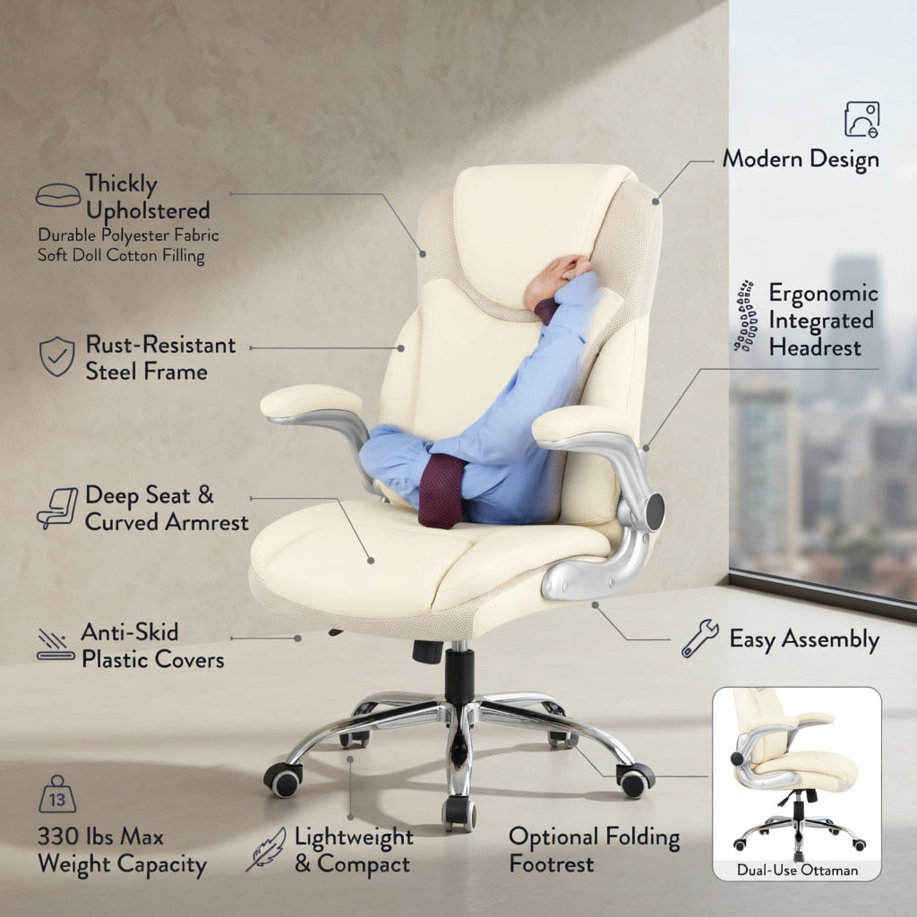 Demi Bonn Ergonomic Office PU Leather Executive Chair with Flip-up Armrests and Rocking Function, for Home, Bedroom, Study, White