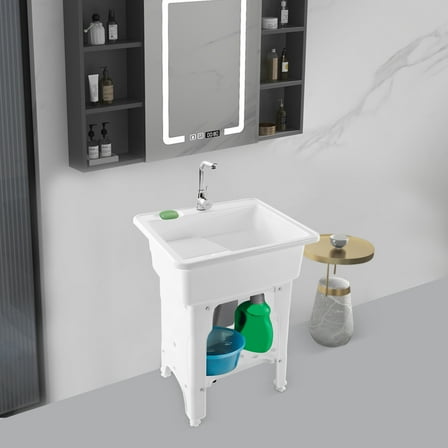 Freestanding White Utility Laundry Sink Bowl Wash Tub Basin Faucet Drain Home