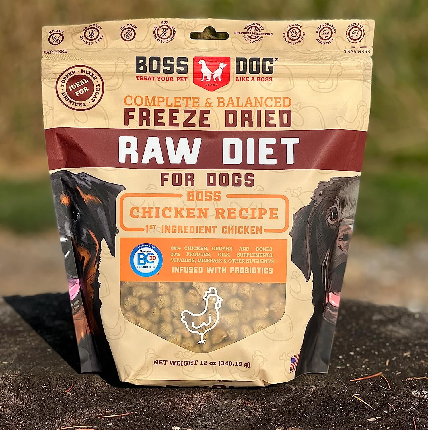 Boss Dog Freeze Dried Meal Probiotic Grain Free Dog Food, Toppers, Treats, Chicken 12oz