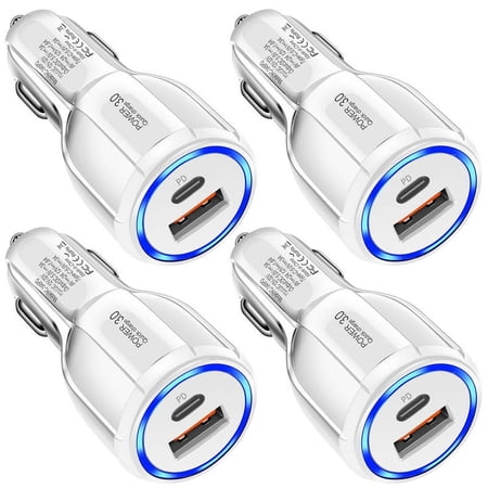 4 Pack Afflux 2 Port USB-C Type C + USB-A Fast Charging Car Charger Adapter Plug 18W USB-C + 18W USB-A Fast Car Charger for iPhone 15/14/13/12/11 Pro Max Mini, Samsung Galaxy S24/S23/S22/S21 Ultra