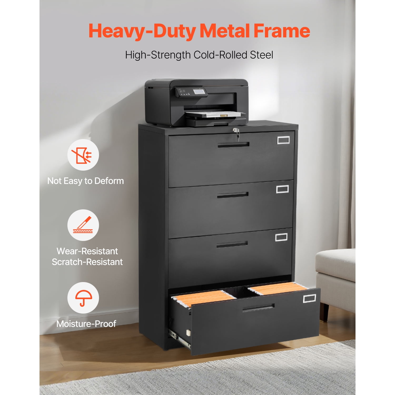 KFFKFF 4-Drawer Metal File Cabinet with Lock, Vertical Filing Storage Unit for Home and Office, Adjustable Hanging Rods for Letter, A4, and Legal Files, Easy to Assemble, Black