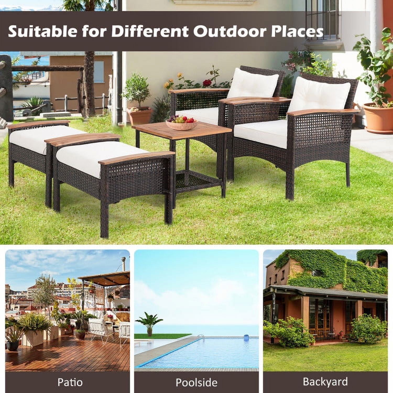 Aimee Lii 5 Pieces Patio Rattan Furniture Set with Acacia Wood Tabletop, Outdoor Patio Furniture Aimee Lii 5 Pieces Patio Rattan Furniture Set with Acacia Wood Tabletop, Outdoor Patio Furniture
