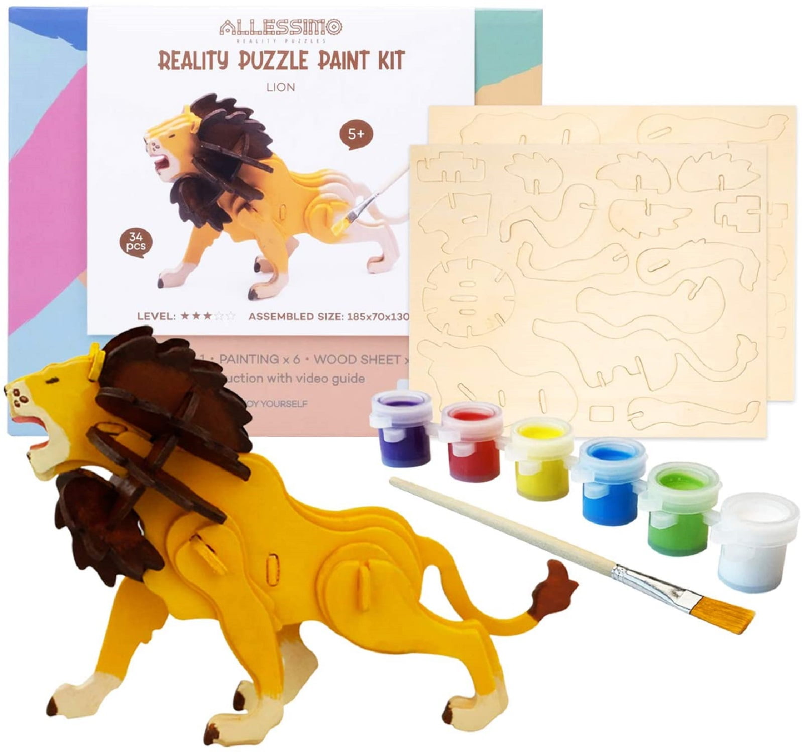 Model Paint Kit with Brush Toys for Children STEVOY DIY 3D Paint Wooden Puzzles Kit for Kids Pack of 6 Animals Educational Crafts Building STEM 