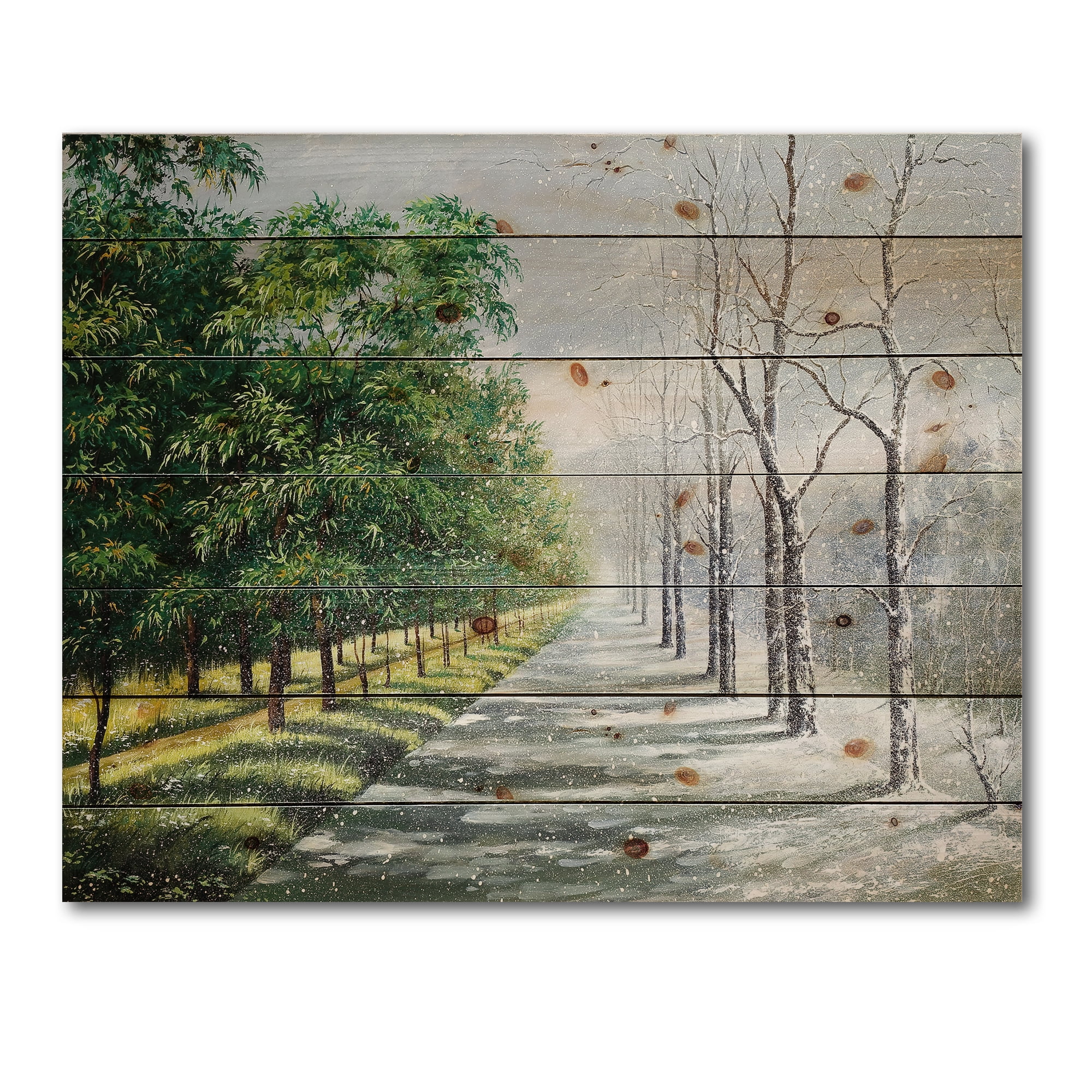 Designart 'Summer and Winter United' Country Print on Natural Pine Wood