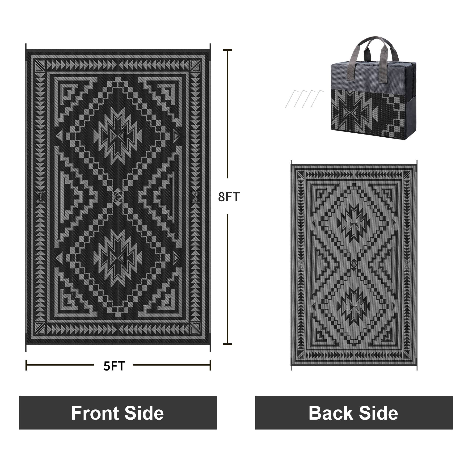KUETH 5' x 8' Outdoor Rug Waterproof for Patio Carpet Plastic Reversible Straw Outdoor Rug for Camping Picnic Geometric Mat ,Black & Gray