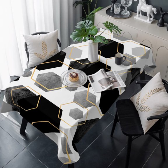 Black Grey Table Cloth Waterproof Tablecloths, Geometric Gold White Hexagon Modern Tablecloth Dining Table Cover for Kitchen Party Tabletop Outdoor, Rectangle Tablecloth 54x108 Inch