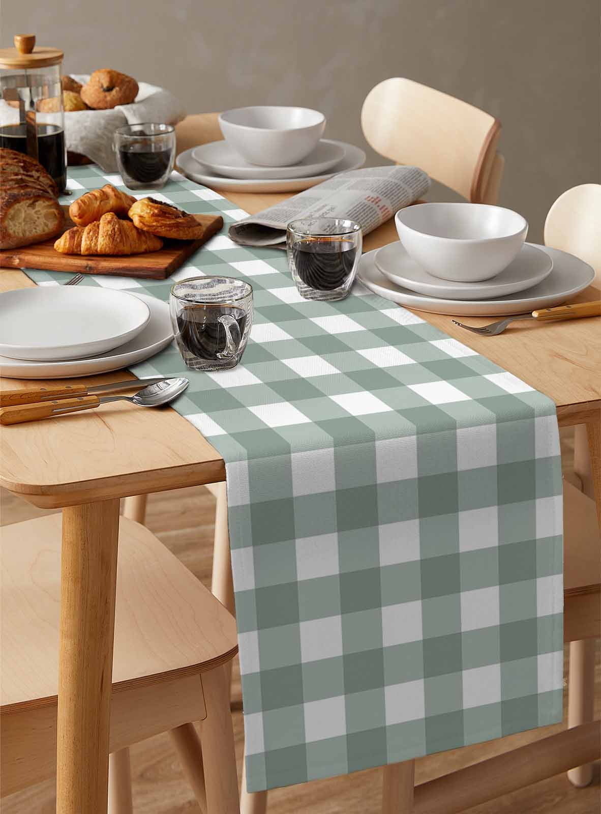 Green Farmhouse Burlap Cotton Table Runner 13x90 Inches Long, Buffalo Plaid Check Lattice White Grid Farmhouse Table Runners, Outdoor Dining Tablecloths Decor for Baby Shower/Party/Wedding