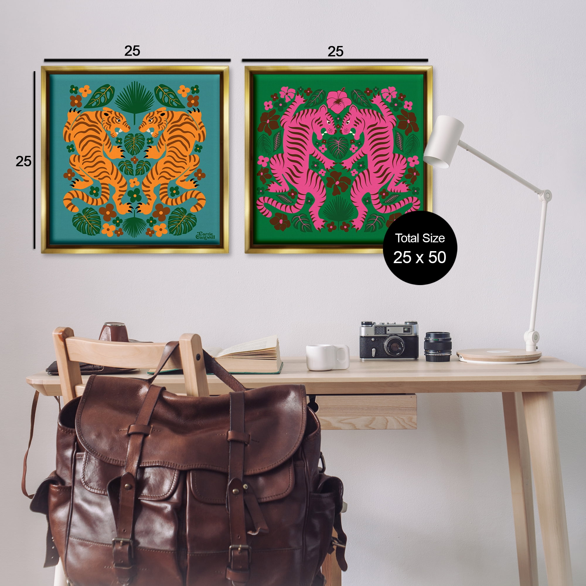 Stupell Industries Eclectic Twin Tigers Animals Painting Gold Floater Framed Canvas Art Print Wall Art, 25 x 25, Set of 2