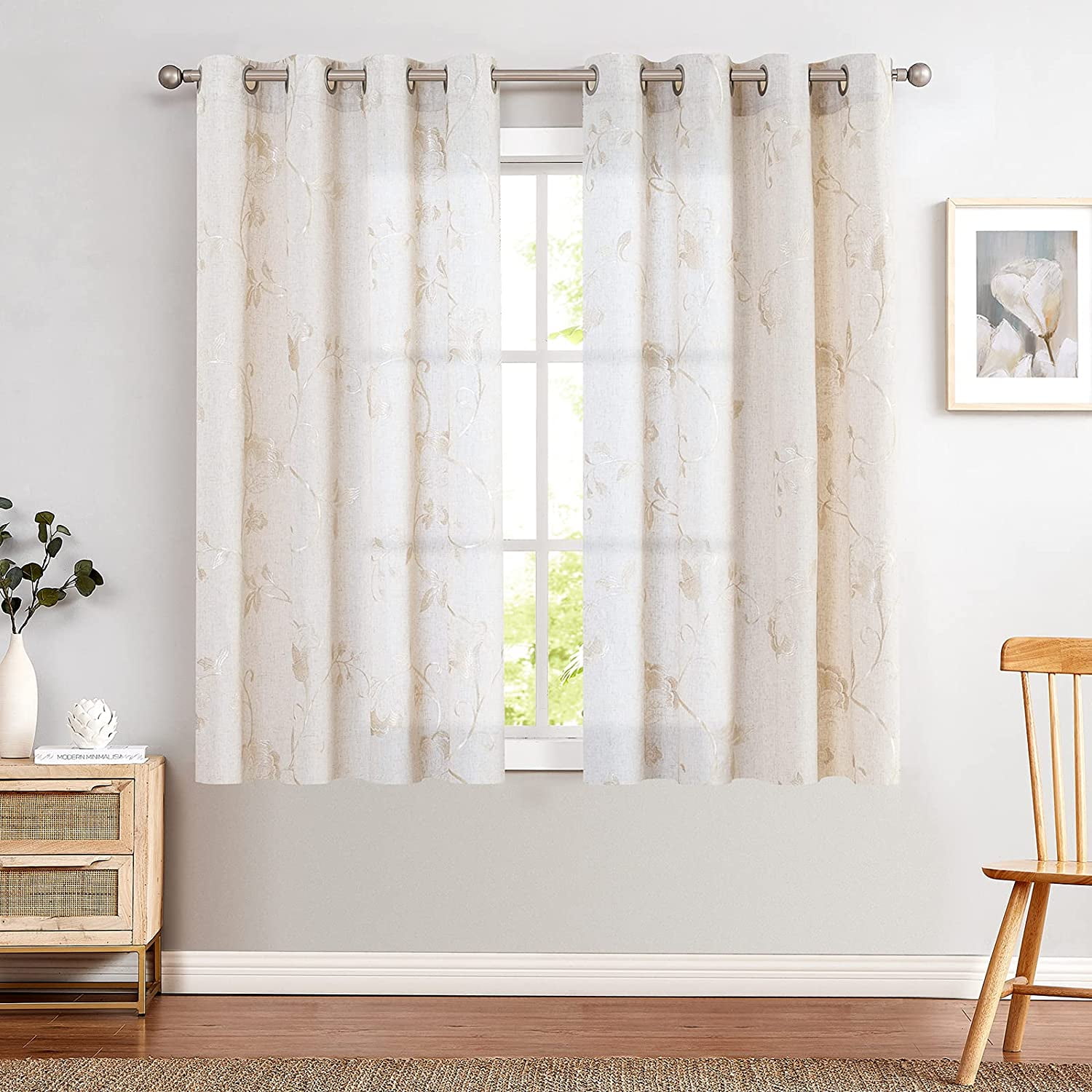 Curtainking Linen Curtains Floral Embroidery Farmhouse Light Filtering Grommet Curtain Panels, 50" x 63", 2 Pcs Beige