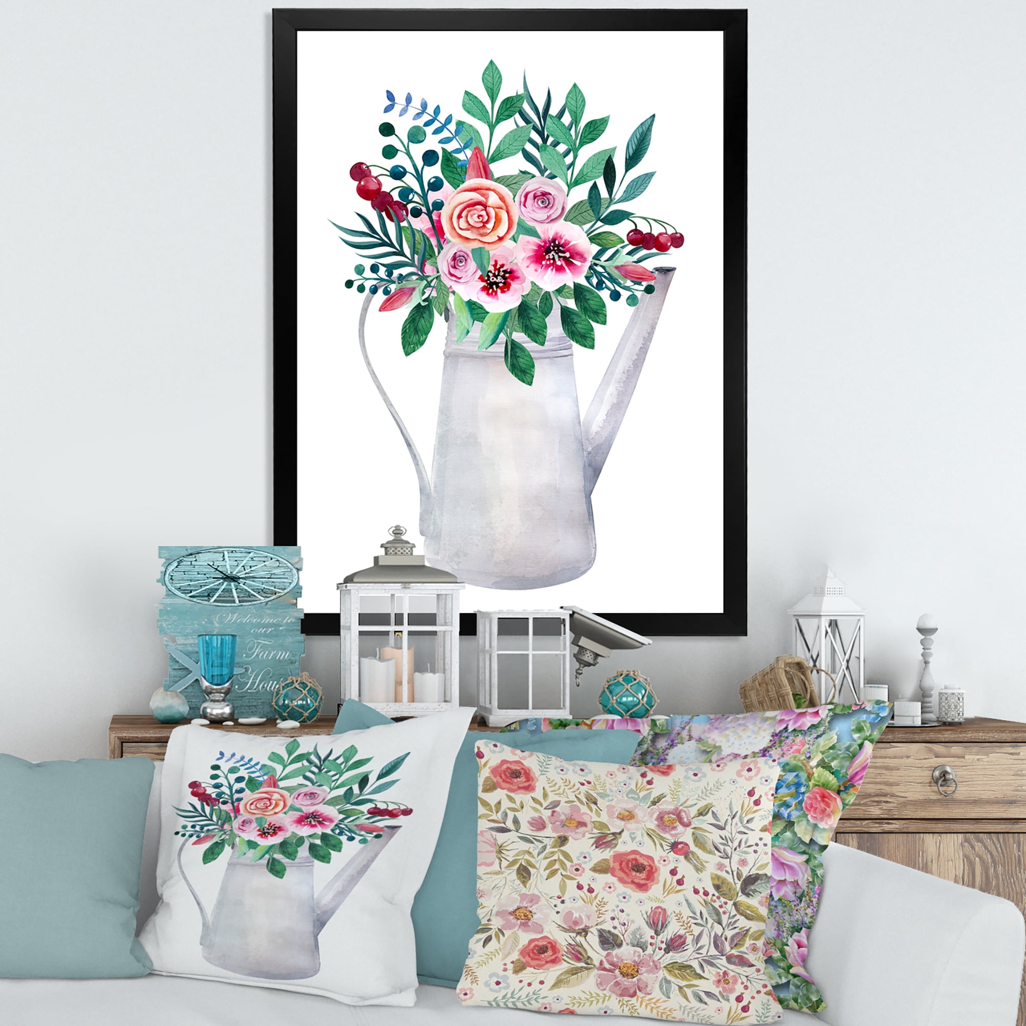 Bouquets of Flowers In Rustic Flowering Pot With Berries 16 in x 32 in Framed Painting Canvas Art Print, by Designart