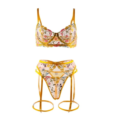 

TFDZ Women s Lingerie Sexy Lingerie For Women Ladies Fashion Sexy Cute Lingerie Hollow Lace Flowers Ruffles Sexy Underwear Thong Garter Belt Suit Yellow