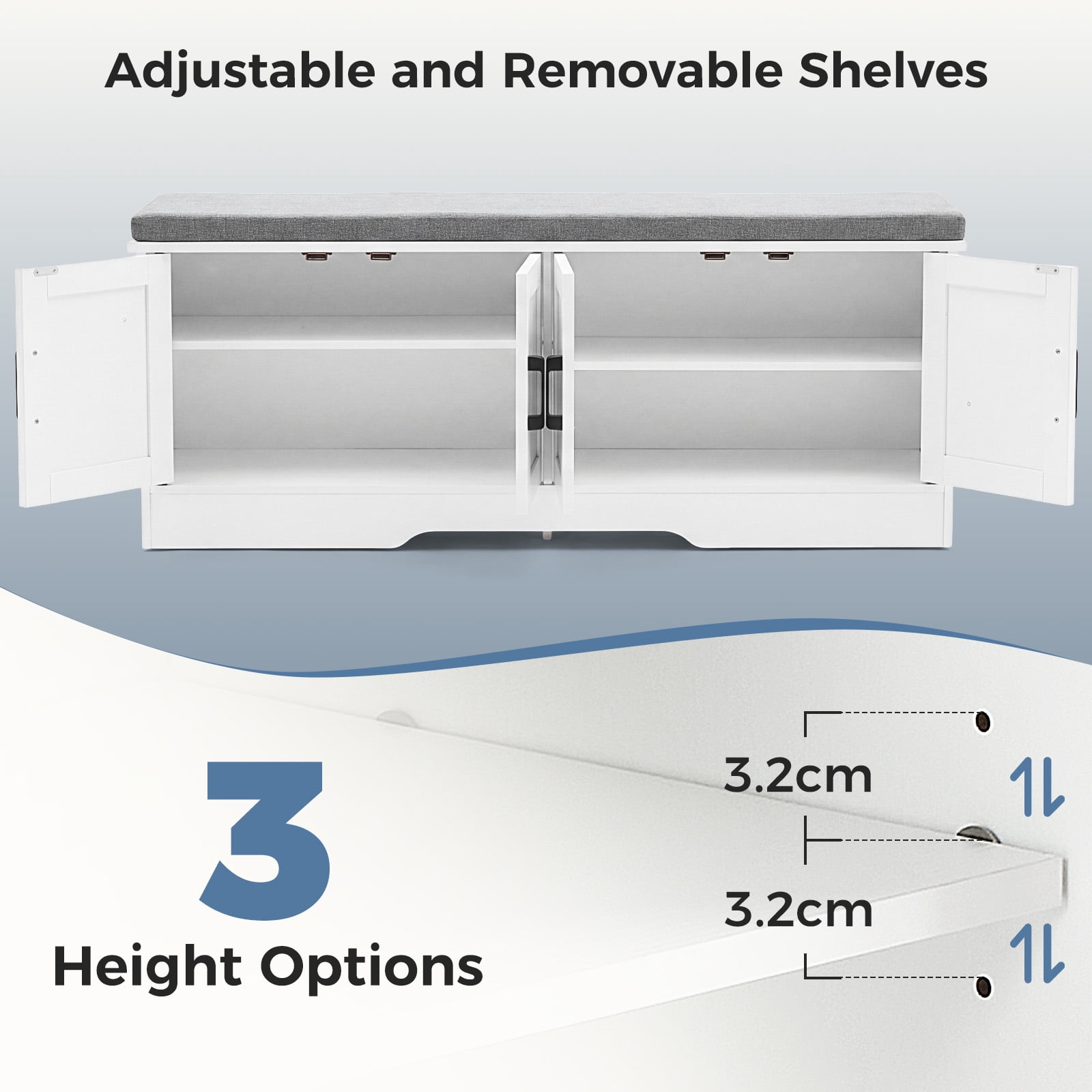 Hommoo Modern Wooden Shoe Storage Cabinet with Cushioned Seat, 47-inch Double-Door Entryway Organizer for Living Room, Hallway & Bedroom, White & Gray