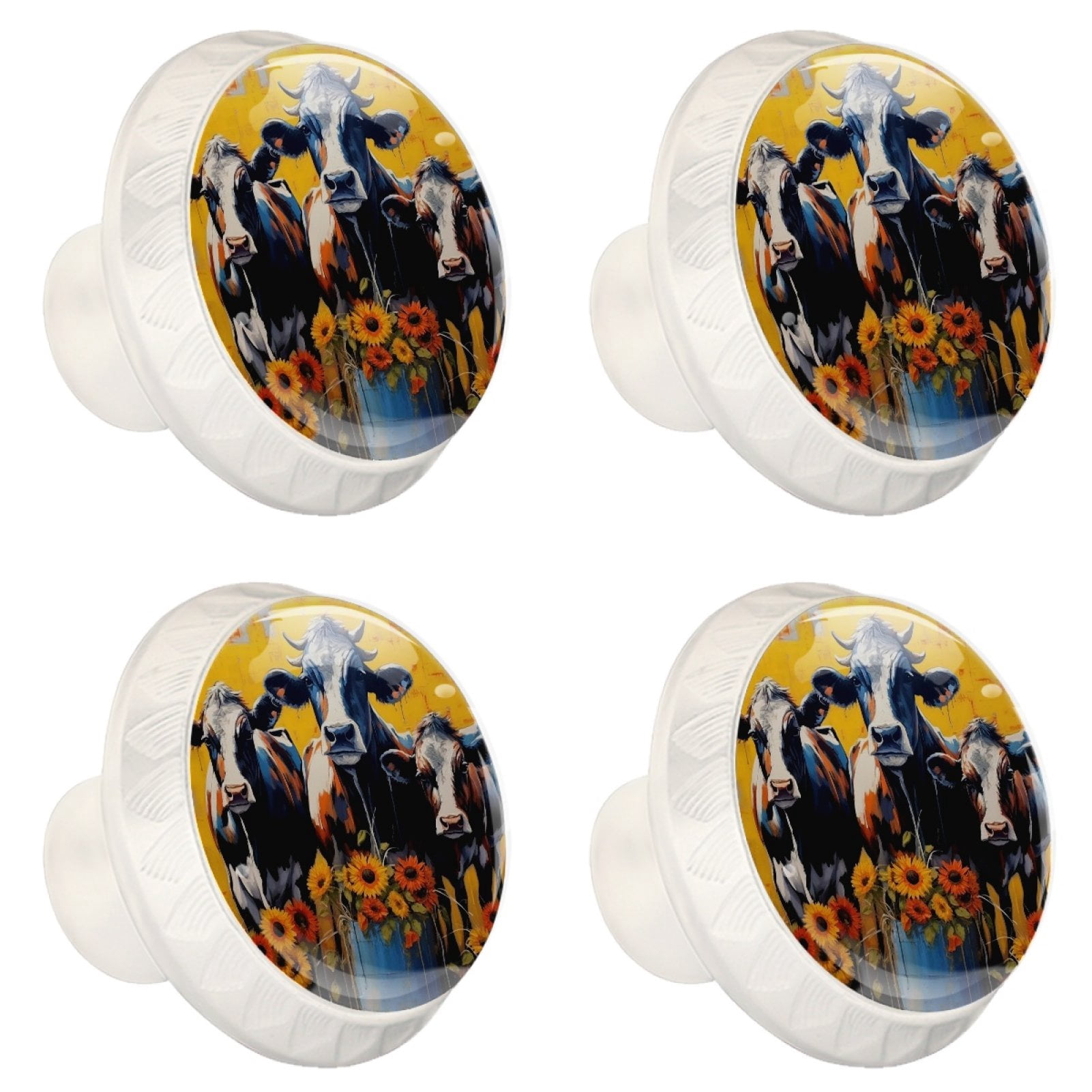 4 Pcs Cow and Sunflower Knobs for Kitchen Cabinet Cupboard Dresser Bookcase Drawer Pulls Handles Round Home Decor