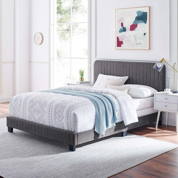 Modway Celine Channel Tufted Performance Velvet Twin Bed in Gray
