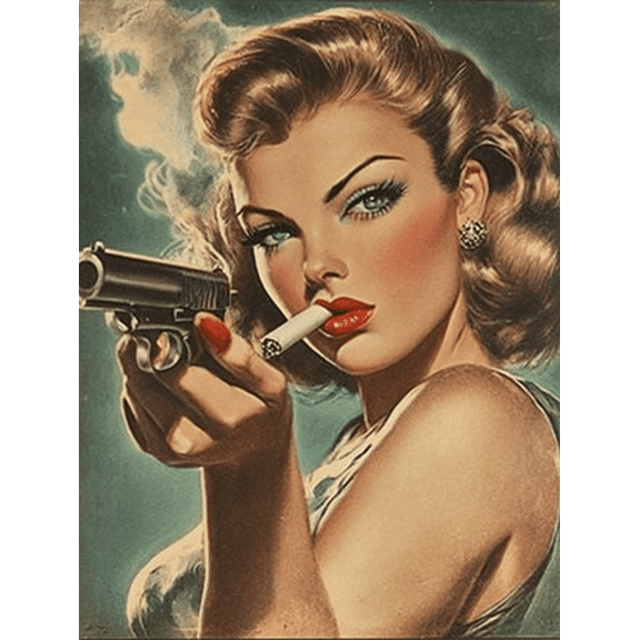 Retro Smoking Girl with Gun Decorative Painting/Canvas Art， Suitable for Living Room， Bedroom， Office， Bar， Cafe， Studio， Apartment Decoration and Wall Art.