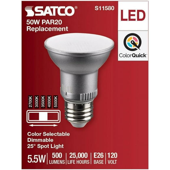 5.5W PAR20 LED - Medium Base - Silver Finish - CCT Selectable - 120V - 25 Degree Beam - 6-Pack