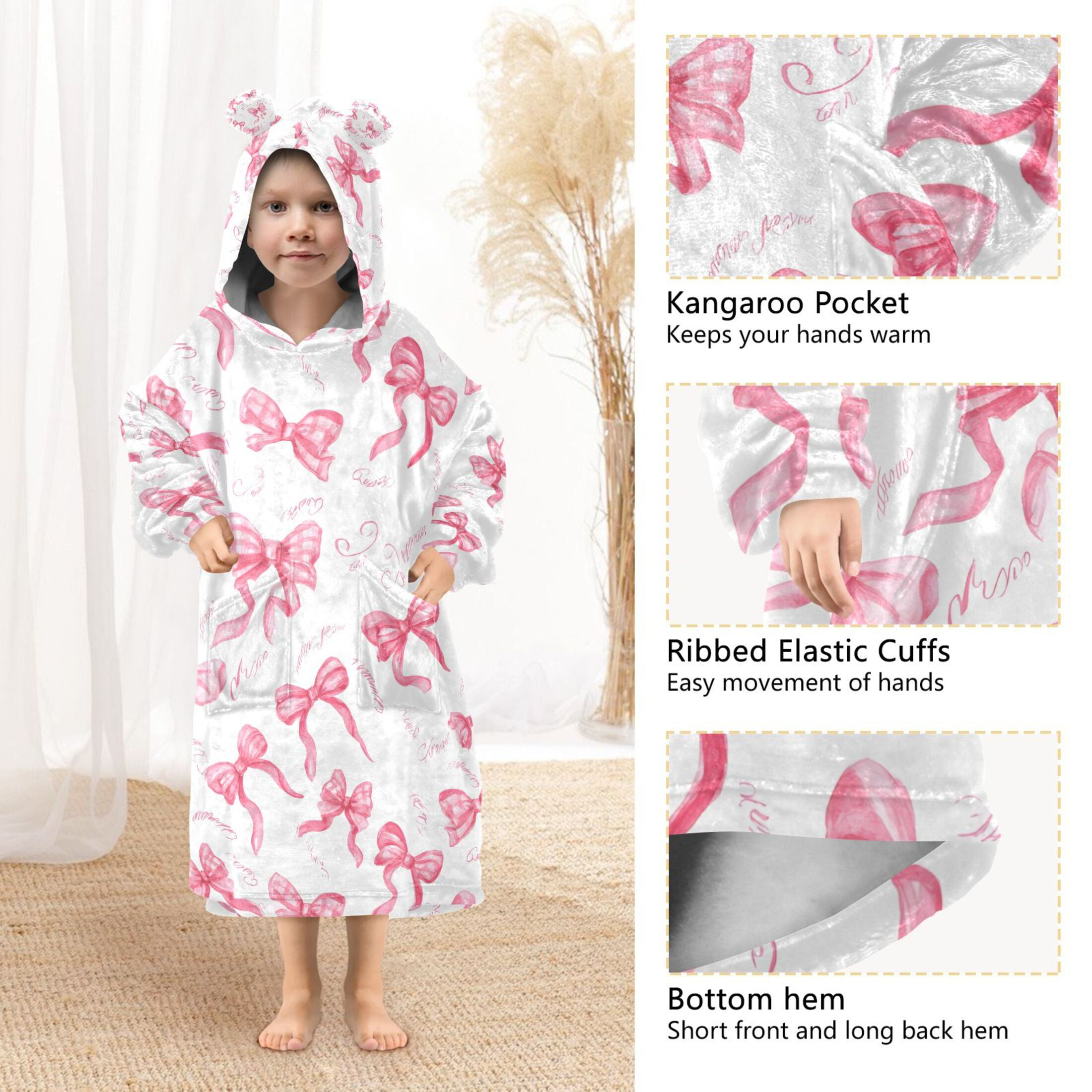 joogoo Wearable Blanket Hoodie for Pink Bows Flannel Sherpa Pocket 3-14 YR S