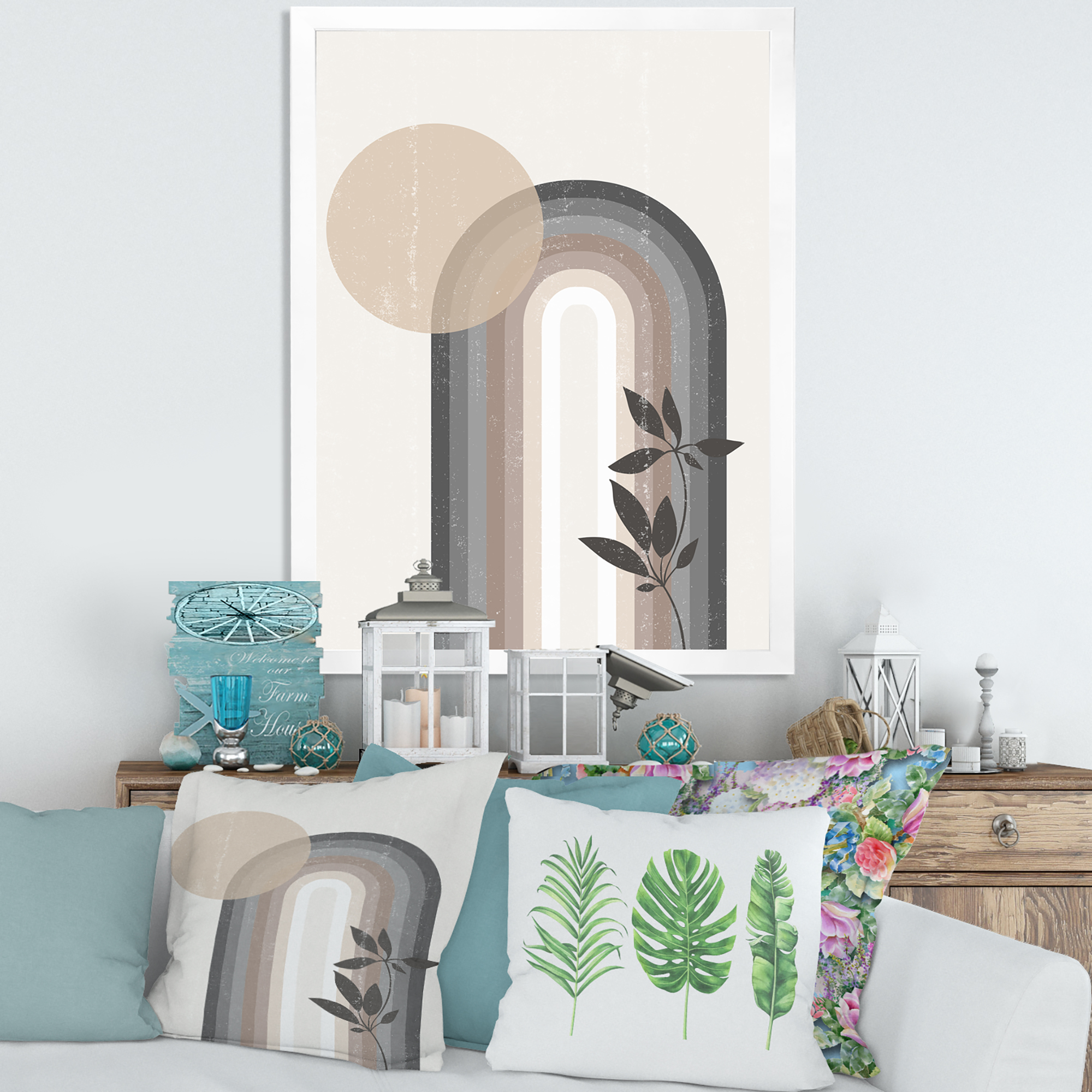 Designart 'Abstract Rainbow Moon and Sun In Earth Tones III' Modern Framed Art Print