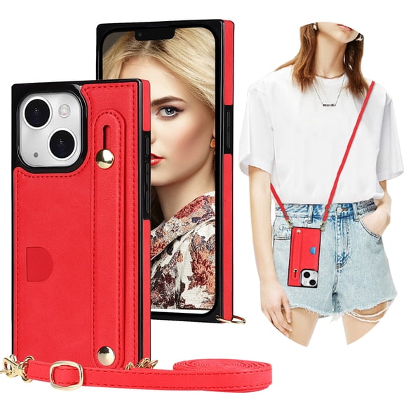 CCSmaller for iPhone 15 Case with Card Holder for Women, Phone Case Crossbody with Wrist Strap & Removable Adjustable Shoulder Lanyard Cover for iPhone 15 KB Red