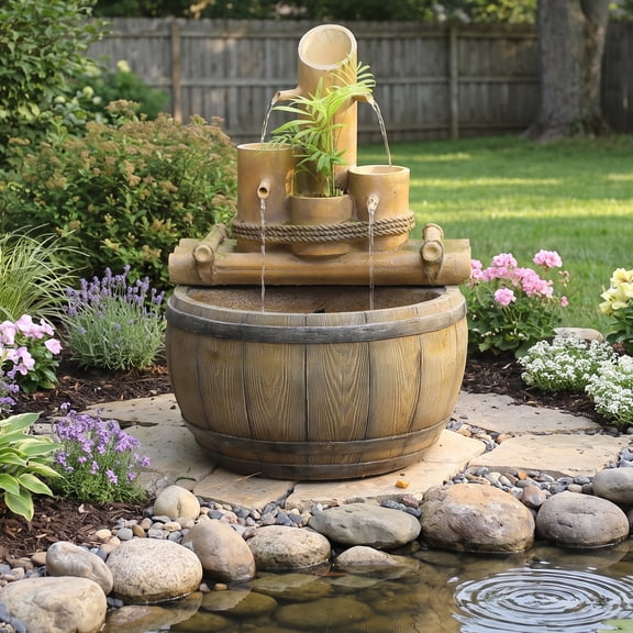Outdoor Water Fountain Cascading Patio Water Feature Bamboo Barrel Design Resin Water Fountain with Lights & Pump, Garden Decor Fountain for Backyard Lawn Yard