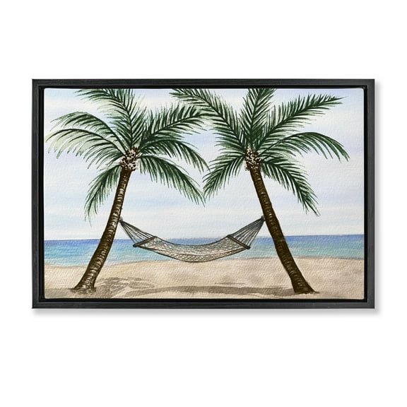 Stupell Industries Hammock Between Palms Landscape Painting Black Floater Framed Canvas Art Print Wall Art, 25 x 17