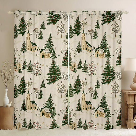 Feelyou Cartoon Xmas Tree Blackout Curtains Set of 2 (52x84 Each) for Kid, Merry Christmas Window Curtains, Vintage Rustic Cabin Curtains and Drapes, Living Room Curtains Decor