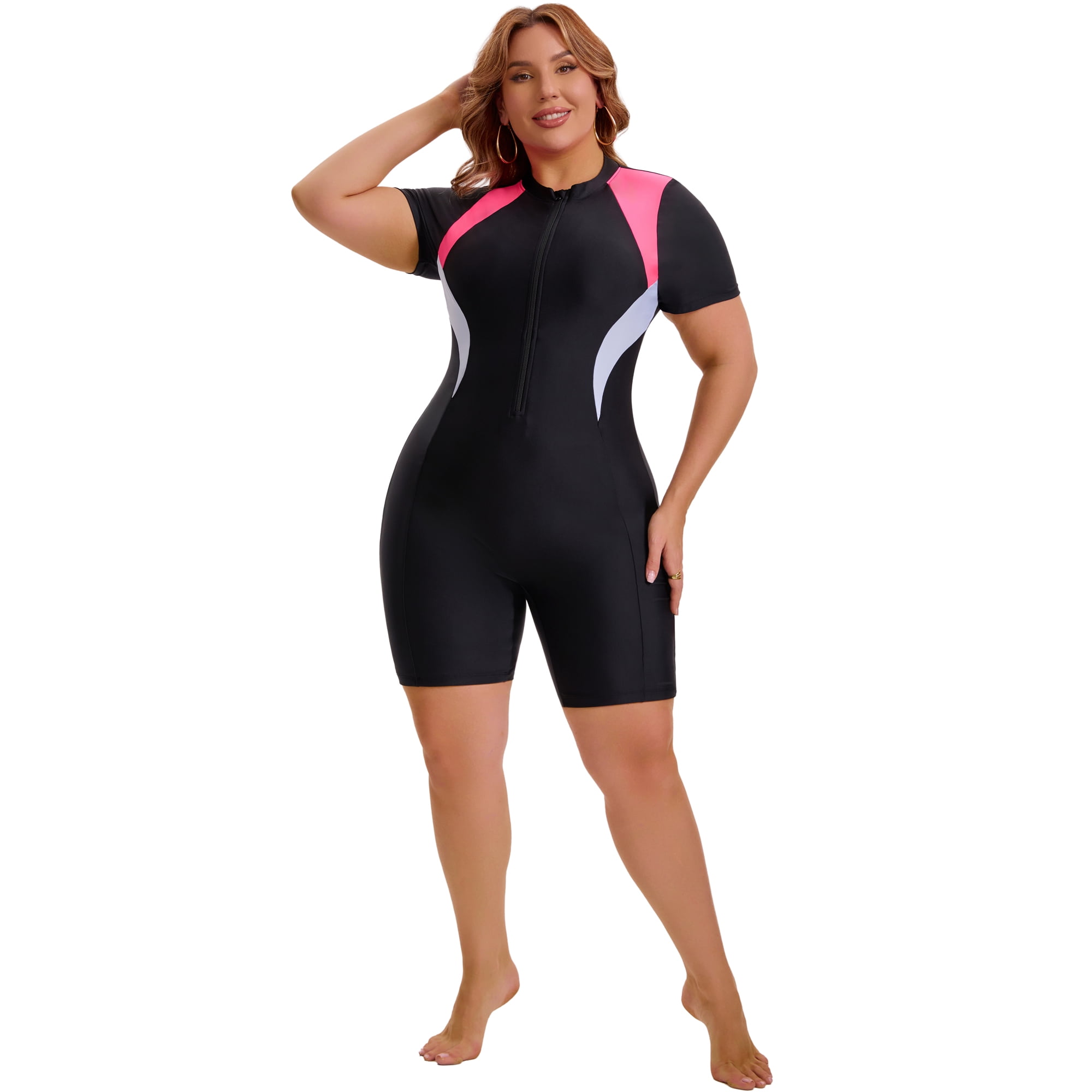 DARING DIVA Women's Plus 1pc Bathing Suit with Short Sleeves and Zipper 3X Pink
