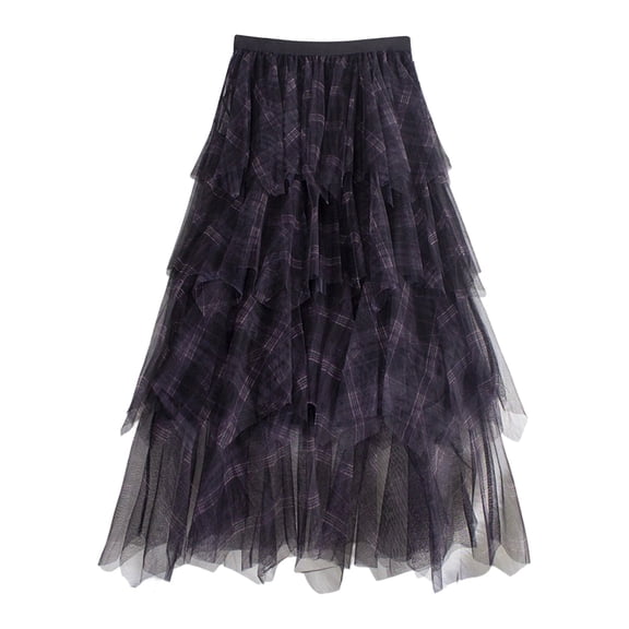 DHFJKG Tutu Tulle Skirts For Women Plaid Mesh Layered Irregular Hem Tiered Midi Skirt Elastic Waist Flowy Versatile Skirt