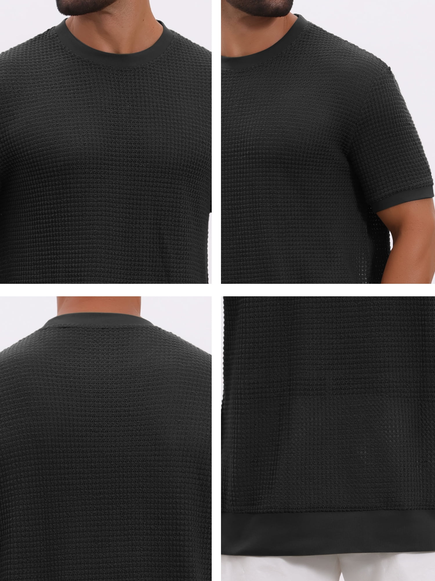 DARING DIVA Men's Waffle Short Sleeve Crew Neck Solid Knitted T-Shirt XL Black