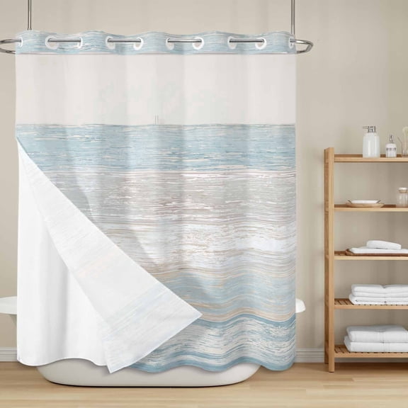 Bedliving No Hook Shower Curtain with Snap in Liner, Built-In Ring Fabric Shower Curtain Set, Mesh Top Window, Blue Beige Coastal Wave Bath 72"x74"