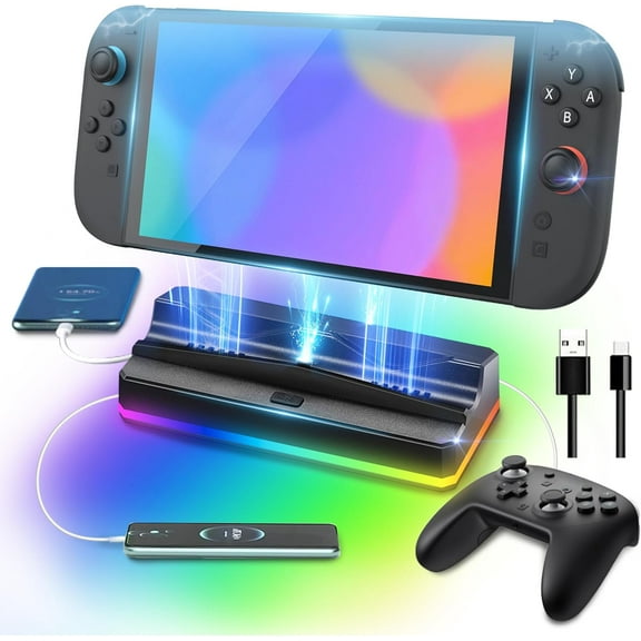 Portable Charging Dock Stand with Cooling Fan Compatible with Switch 2 2025, RGB Charger Docking Station with 3 USB Ports, USB Cable, Easy Console and Switch 2 Pro Charging (NO HDMI Port)