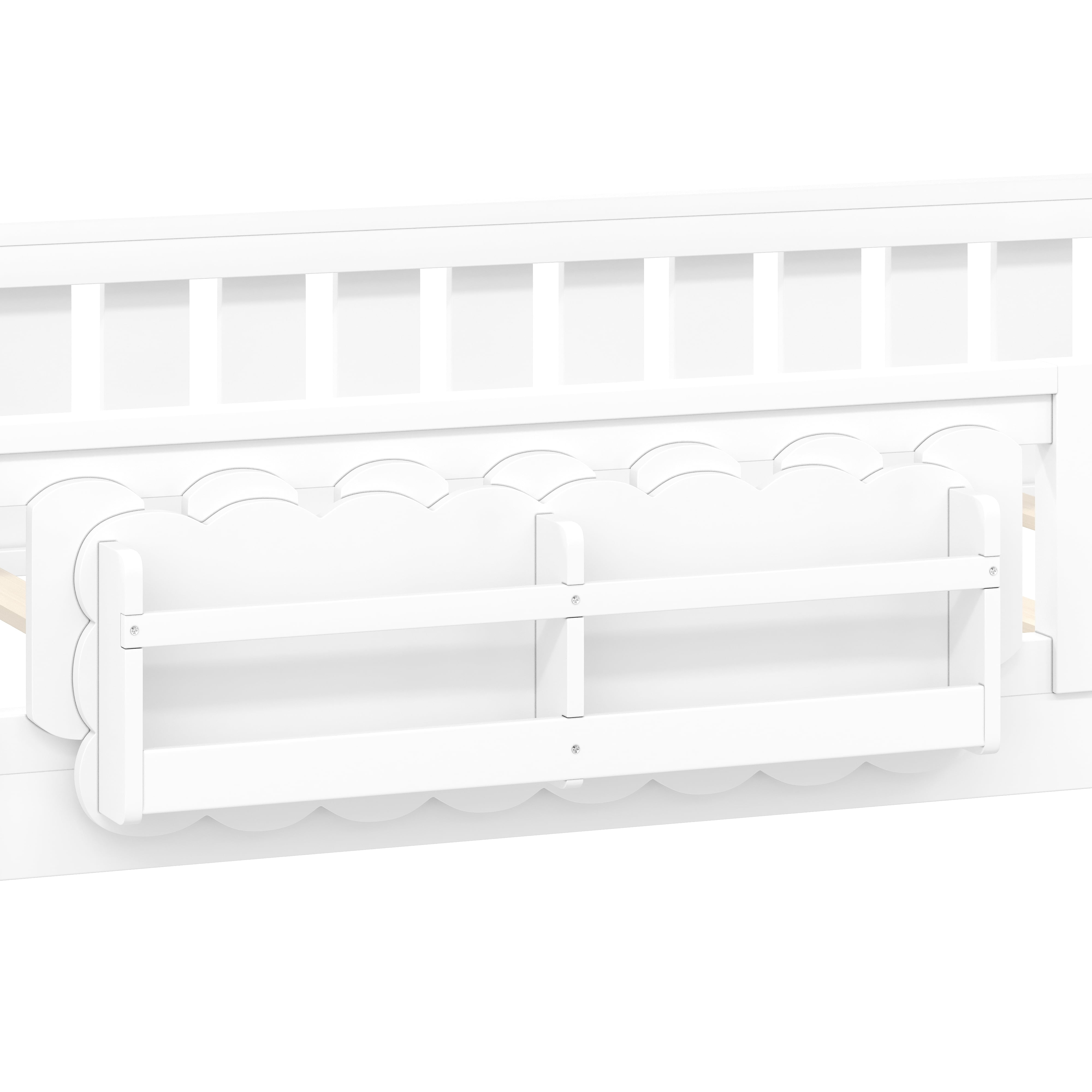 Euroco Wood Full Size Platform Bed with Shelves, Floor Bed with Guardrails, White